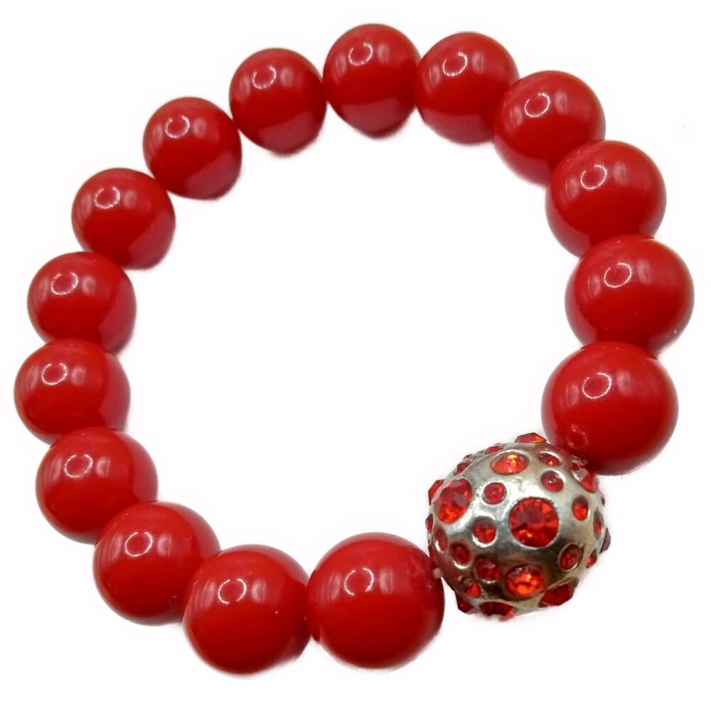 Vintage Beaded RED Bracelet with Center Accent Silver tone Bead with Rhinestones